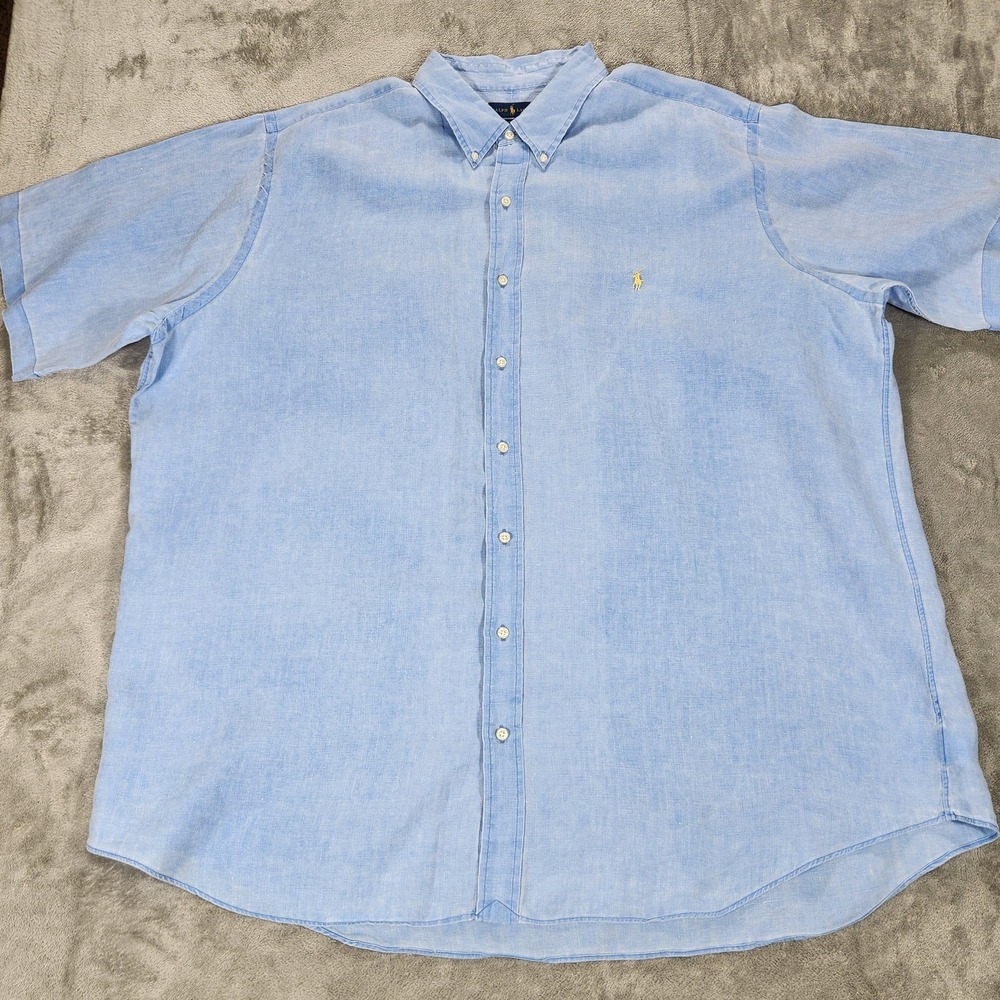 Ralph Lauren Shirt Mens 3XLT Blue Linen Short Sleeve Button Down Classic Pony